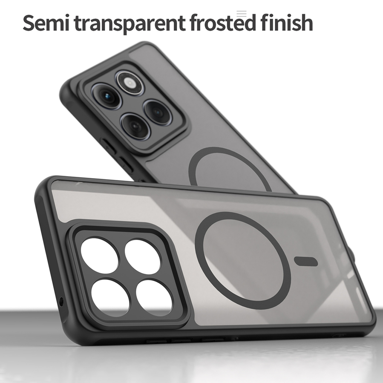 Twee telefoonhoesjes, grijs met zwarte randen, boven elkaar, met een cirkelvormige magneet.