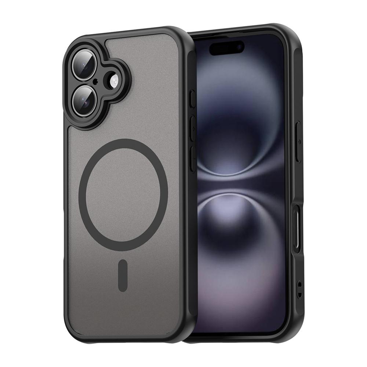 Twee telefoonhoesjes, één met telefoon, zwarte frames, grijze achterkant. Cirkelvormig ontwerp en camera-uitsparing.