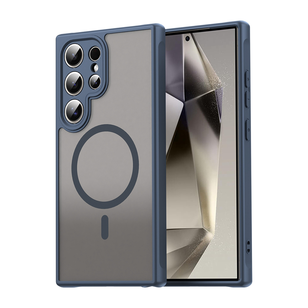 Coque de téléphone avec des bordures bleues, deux téléphones dans la scène, avec un aimant circulaire et un petit rectangle.
