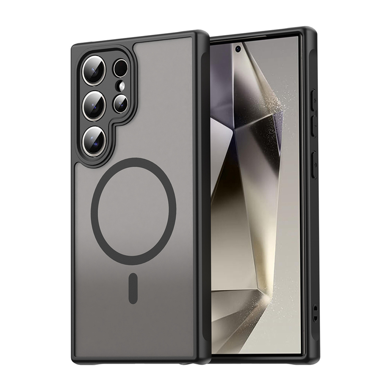 Deux coques de téléphone avec des cadres noirs et des dos gris. Un téléphone est à l'intérieur de l'une. Design circulaire et découpe de caméra.