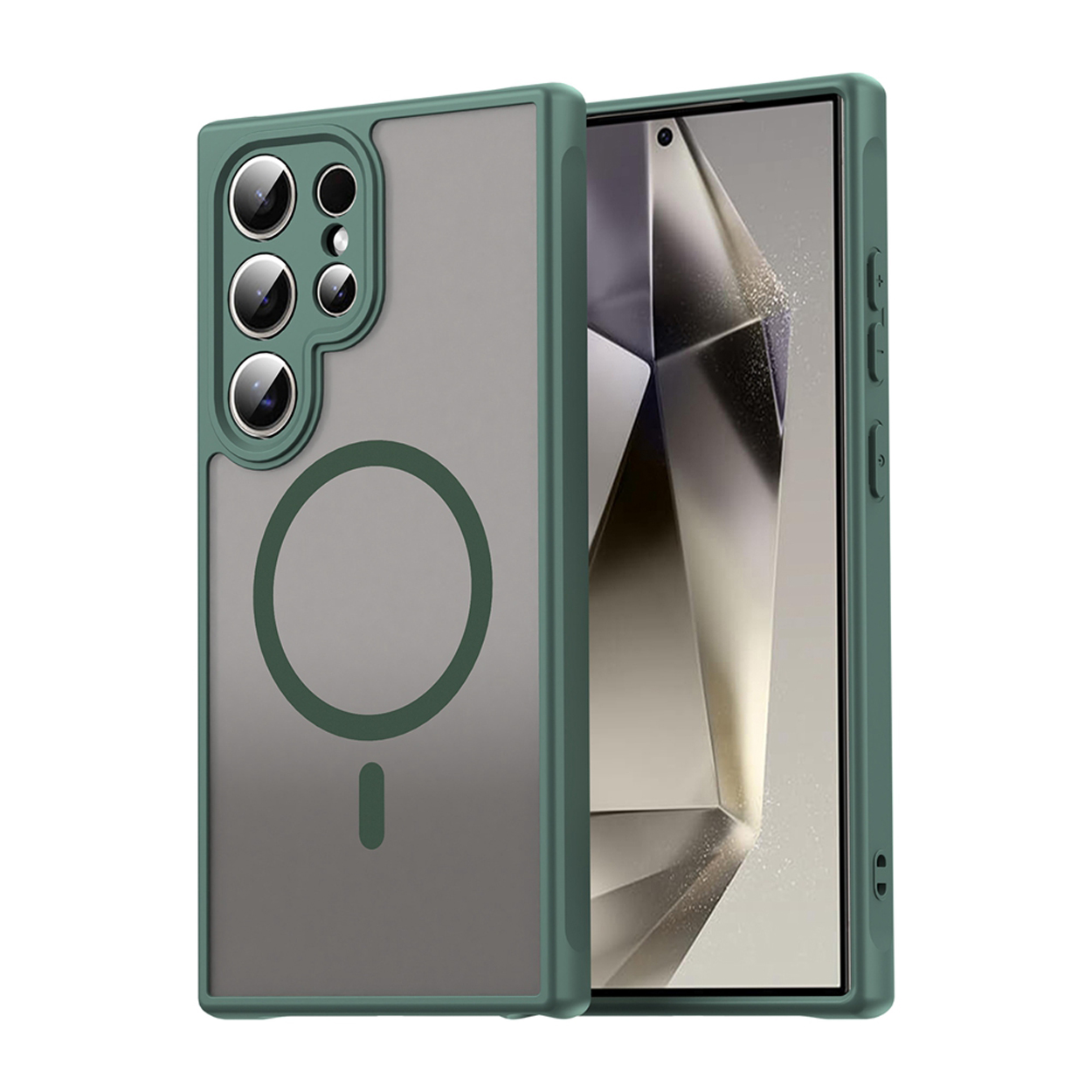 Telefoonhoesje met groene randen, twee telefoons in de scène, met een cirkelvormige magneet en een kleine rechthoek.