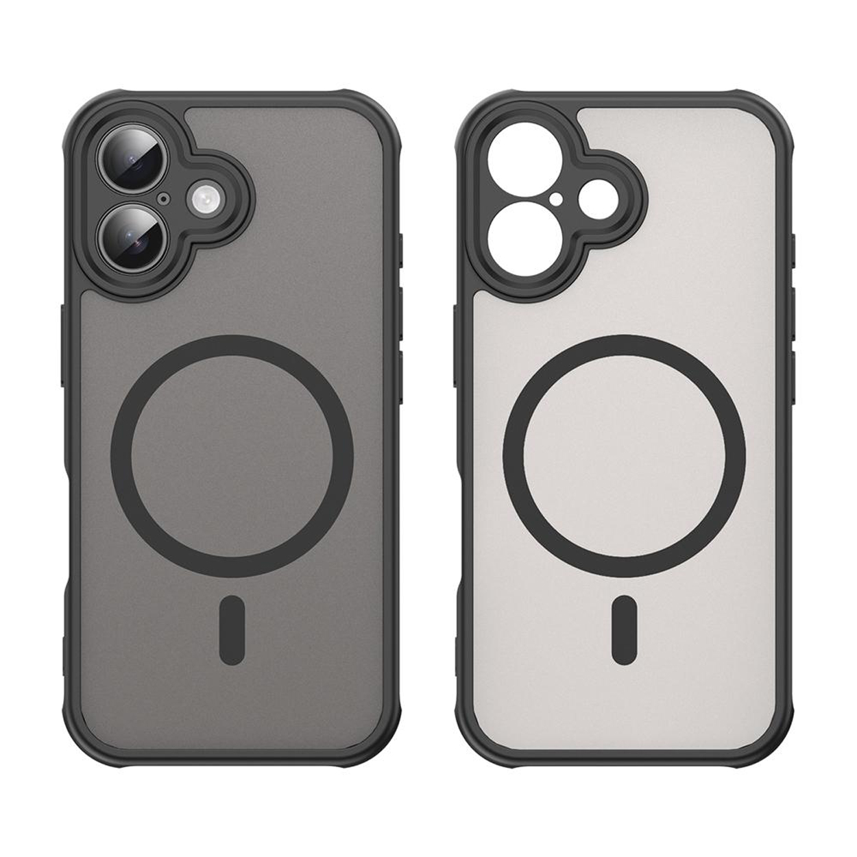 Twee telefoonhoesjes met zwarte frames en grijze achterkanten. Cirkelvormig ontwerp en camera-uitsparingen.