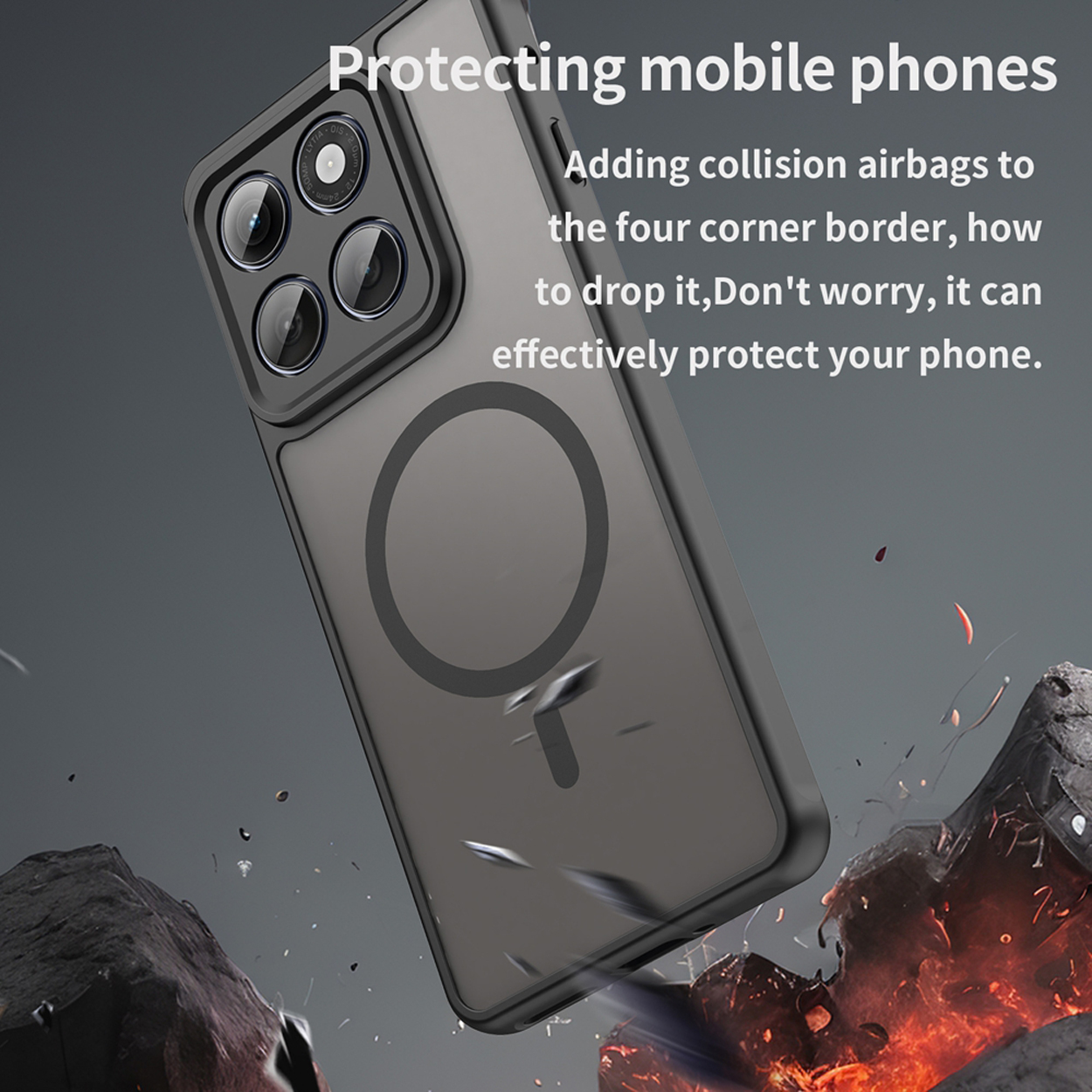 Telefoonhoesje met een cirkelvormige magneet en een telefoon, waarbij de hoes in stukken breekt.