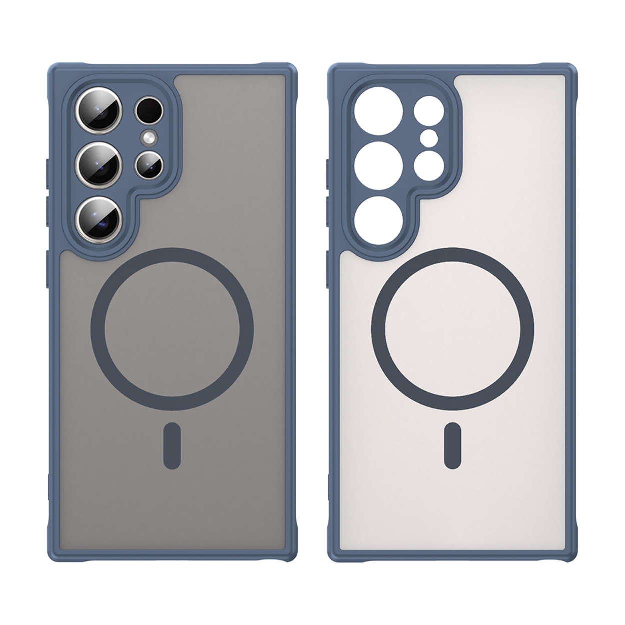 Deux coques de téléphone, bleues et grises, avec un aimant circulaire et un petit rectangle, en vue latérale.