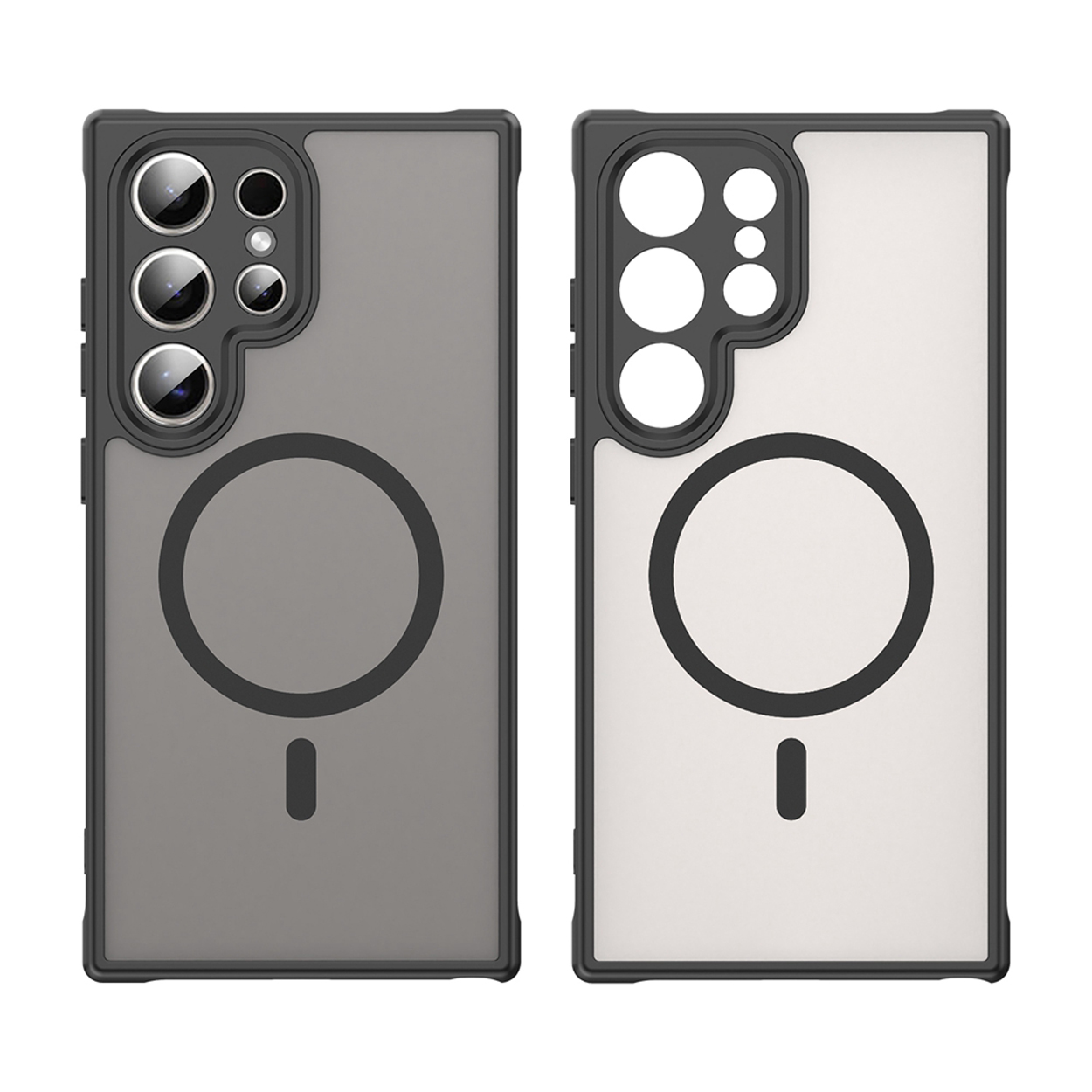 Deux étuis de téléphone, gris et blanc, avec des bordures noires et un aimant circulaire, et un petit rectangle.