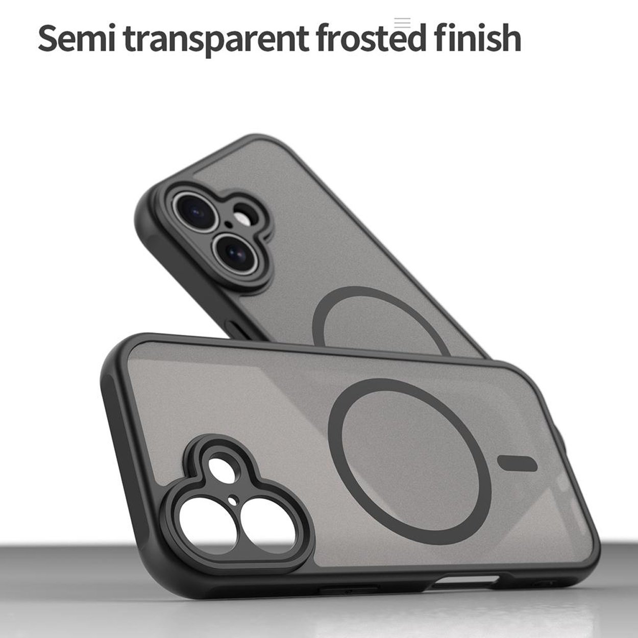 Twee telefoonhoesjes, grijs met zwarte randen, boven elkaar, met een cirkelvormige magneet.