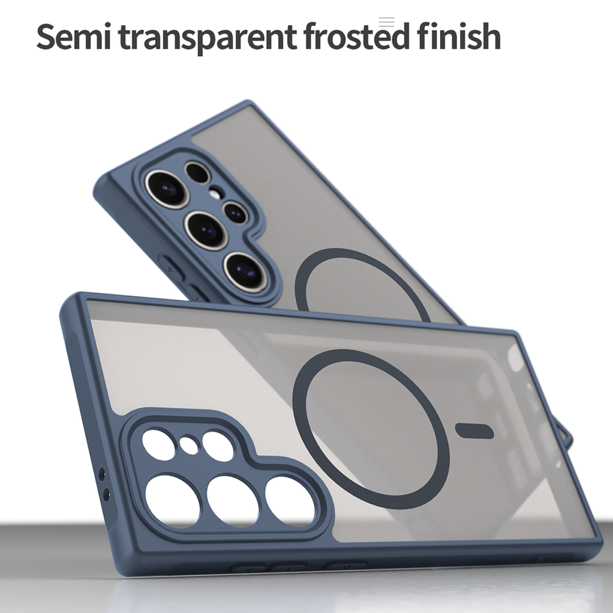 Deux coques bleues avec un dos gris. Texte : 'Semi transparent frosted finish'.