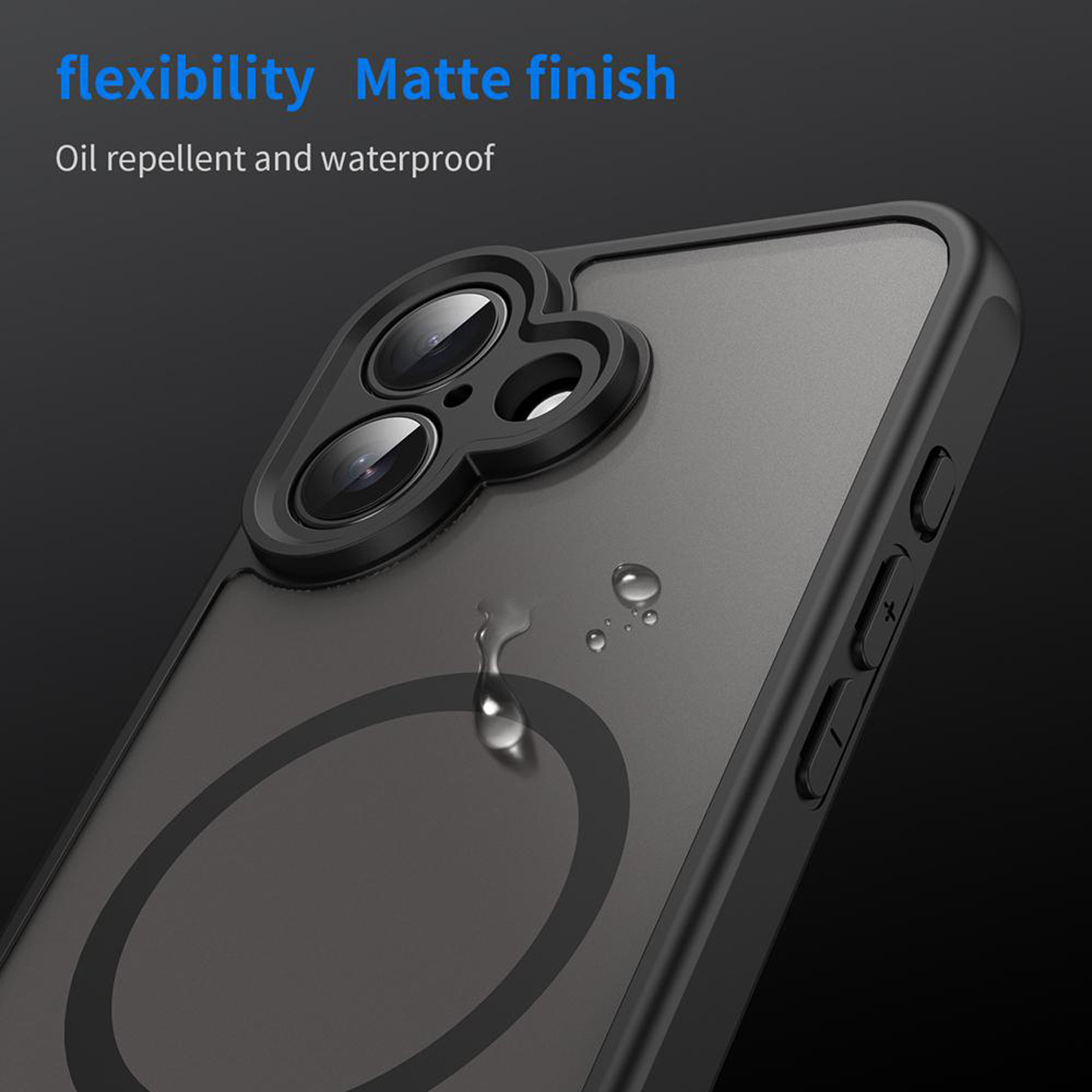 Close-up van een telefoonhoesje met zwarte randen, waterdruppels vallen op het oppervlak.