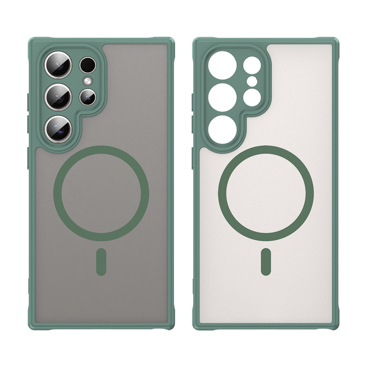 Twee telefoonhoesjes, groen en grijs, met een cirkelvormige magneet en een kleine rechthoek, in zijaanzicht.