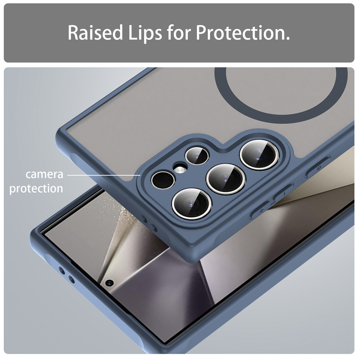 Une coque de téléphone bleue avec des objectifs et un dos gris. Texte : 'Raised Lips for Protection'.