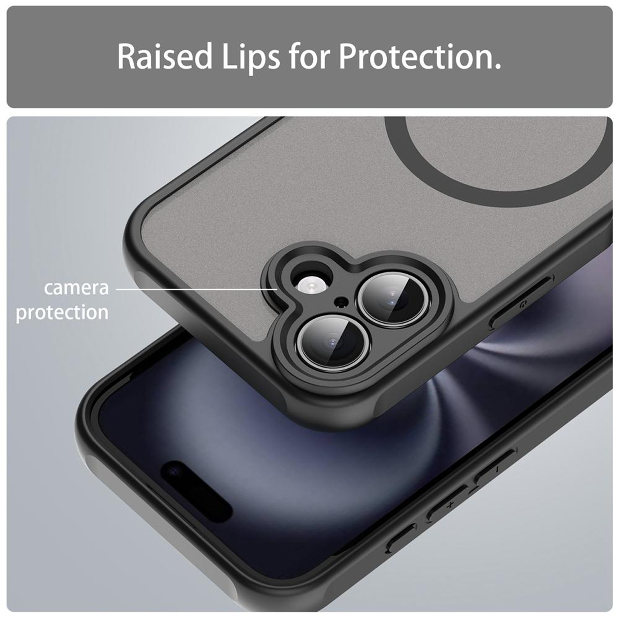 Telefoonhoes met zwarte cameralenzen, grijze achterkant en zwart frame. Tekst: 'Raised Lips for Protection'.