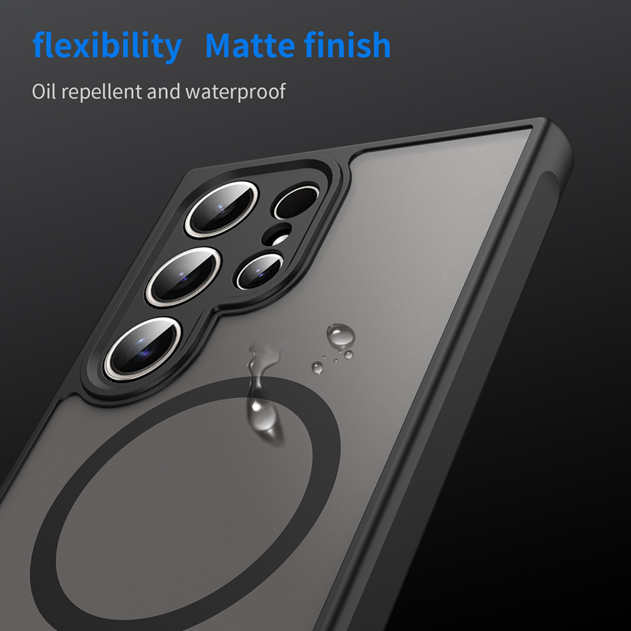 Coque noire avec objectifs et dos gris, avec des gouttelettes d'eau. Texte : 'flexibility Matte finish'.