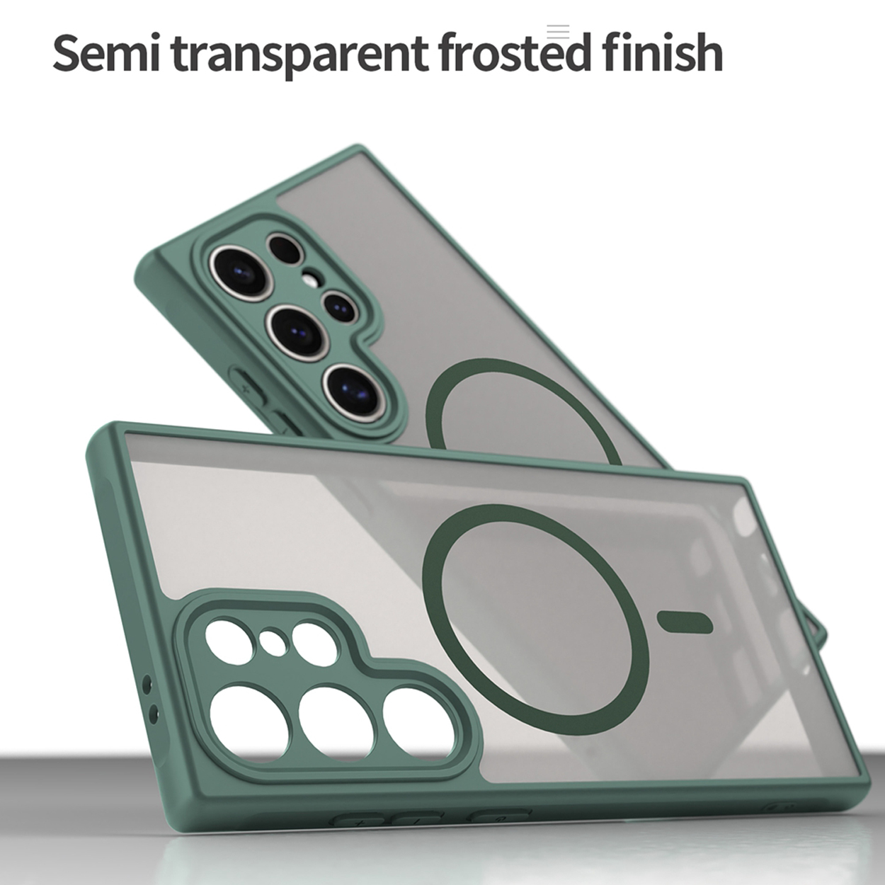 Twee groene telefoonhoesjes met een doorzichtige achterkant. Ze hebben een semi-transparante matte afwerking. De ene ligt bovenop de andere.