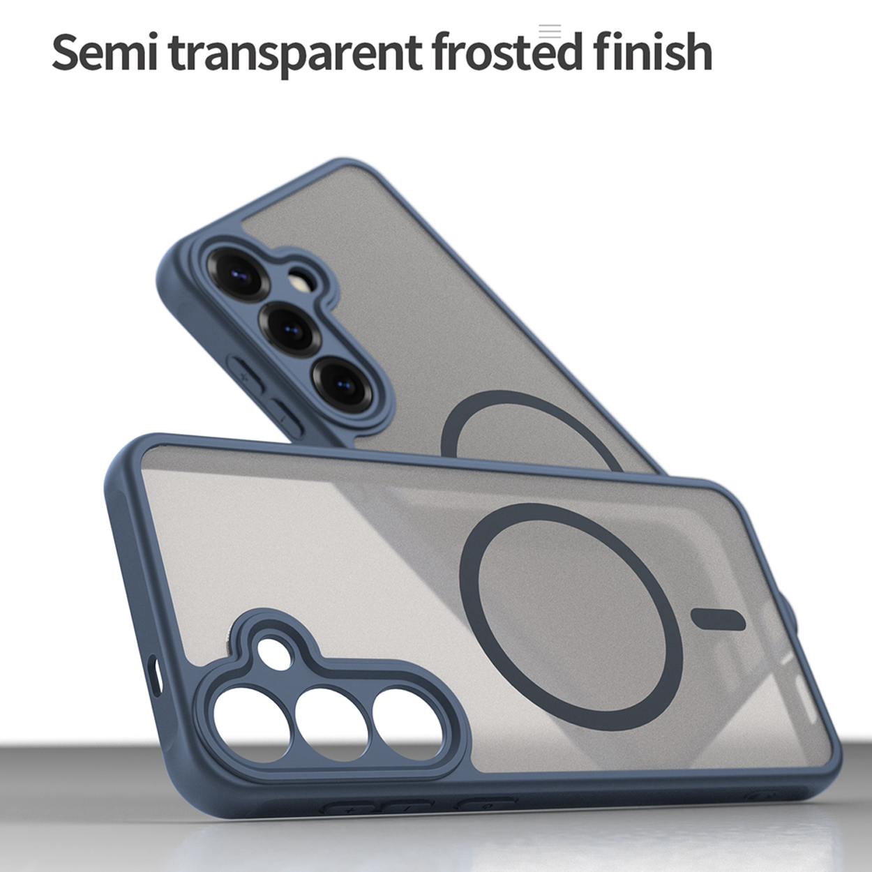 Twee blauwe telefoonhoesjes met een grijze achterkant. Tekst: 'Semi transparent frosted finish'.