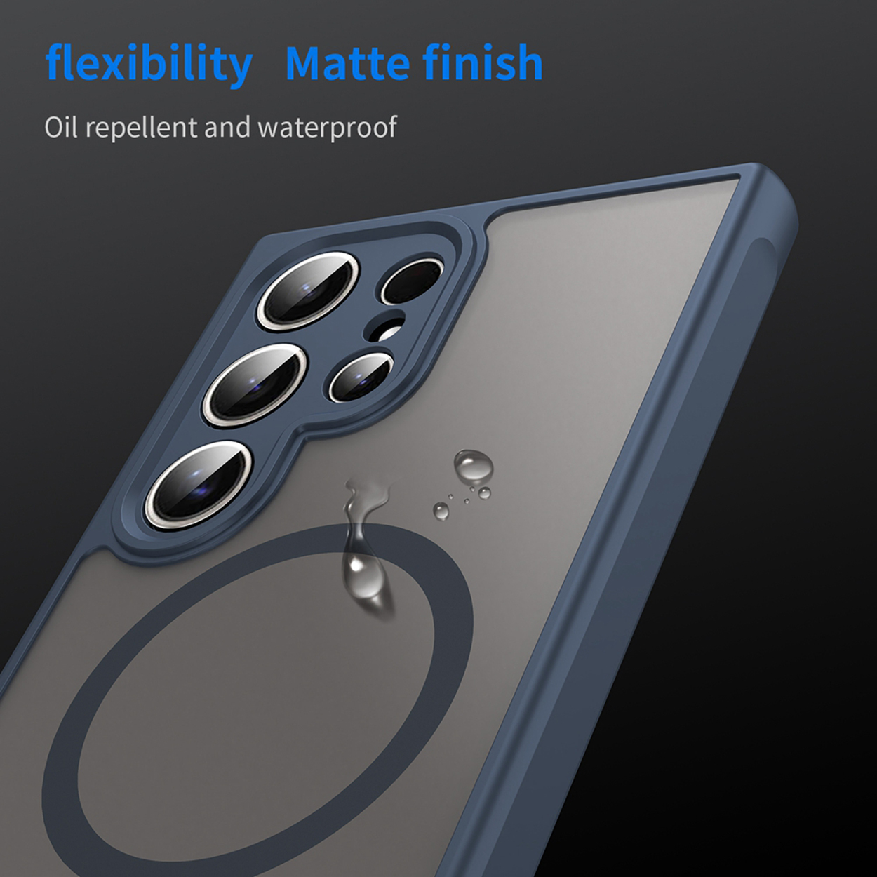 Coque bleue avec objectifs et dos gris, avec des gouttelettes d'eau. Texte : 'flexibility Matte finish'.