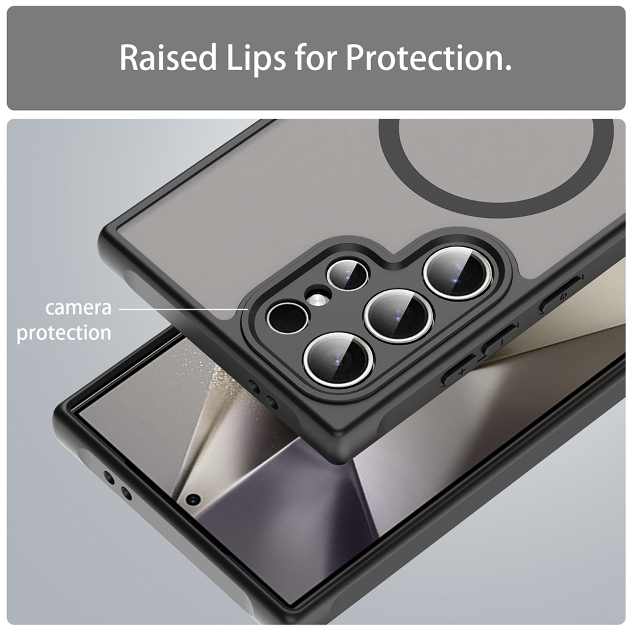 Gros plan d'une coque de téléphone noire et grise avec un bord surélevé autour de l'appareil photo. Le texte mentionne 'protection de l'appareil photo'.