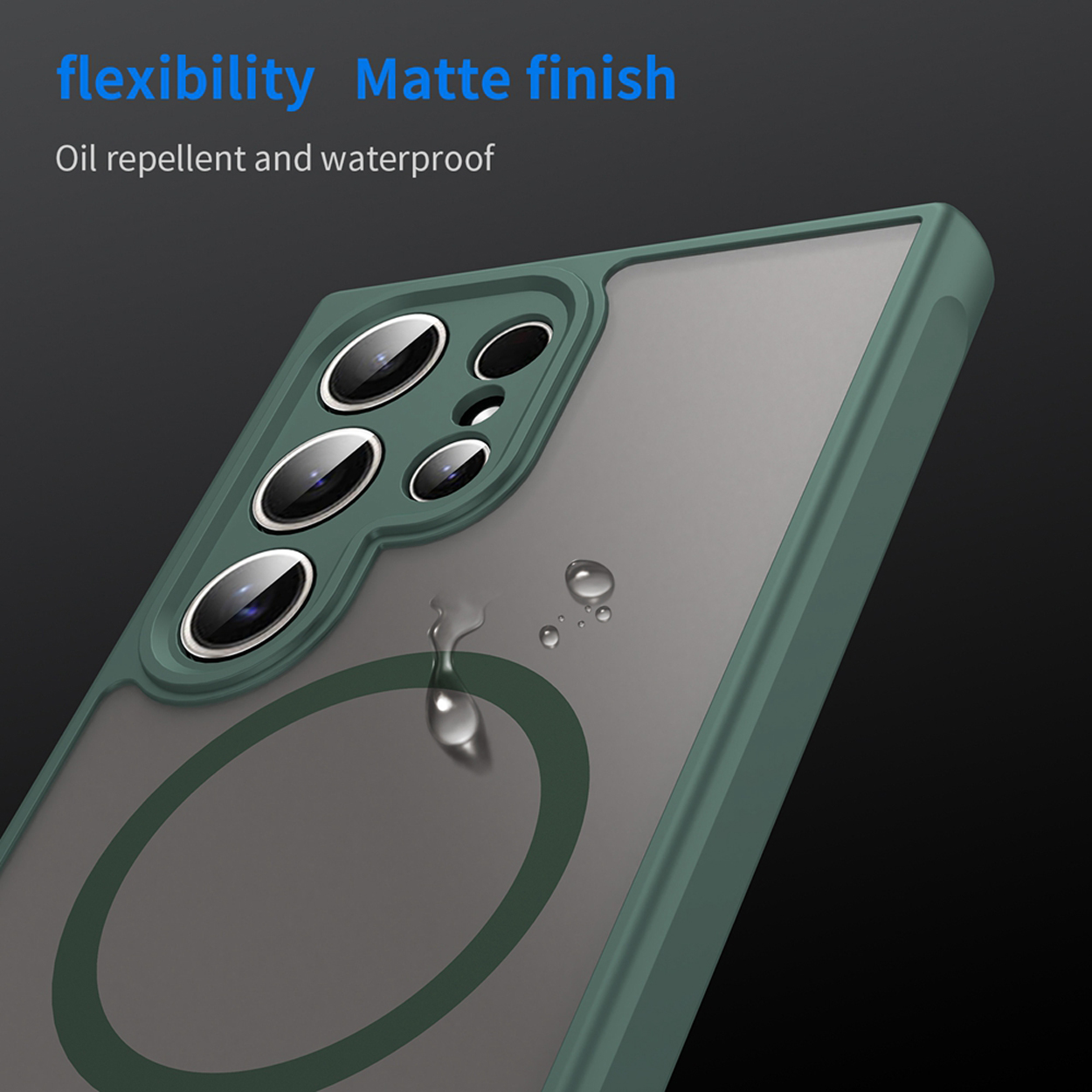 Een groene telefoonhoes met cameralenzen en grijze achterkant, met waterdruppels. Tekst: 'flexibility Matte finish'.