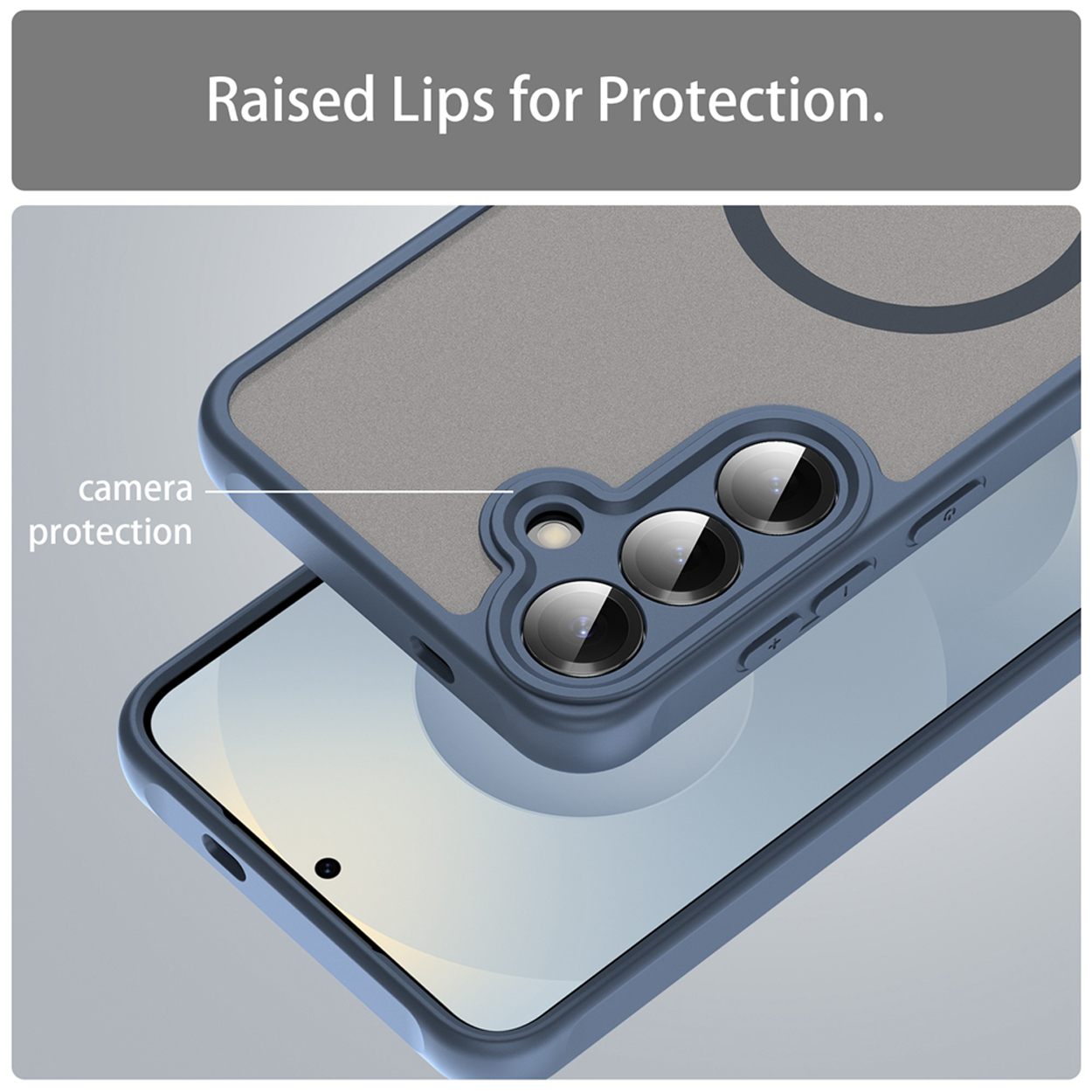 Een blauwe telefoonhoes met cameralenzen en een grijze achterkant. Tekst: 'Raised Lips for Protection'.