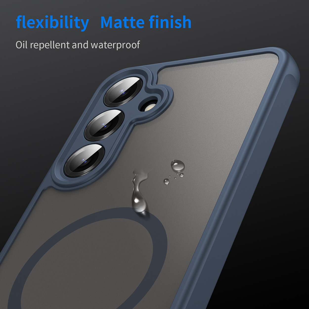 Blauwe telefoonhoes met cameralenzen en grijze achterkant, met waterdruppels. Tekst: 'flexibility Matte finish'.