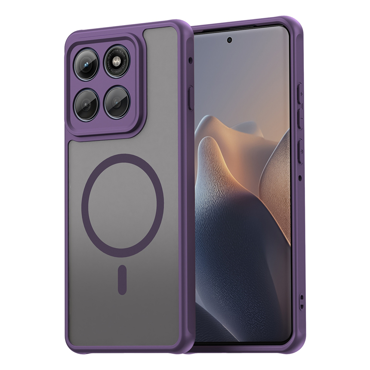 Une coque violette avec un téléphone à l'intérieur. Texte : 'Semi transparent frosted finish'.