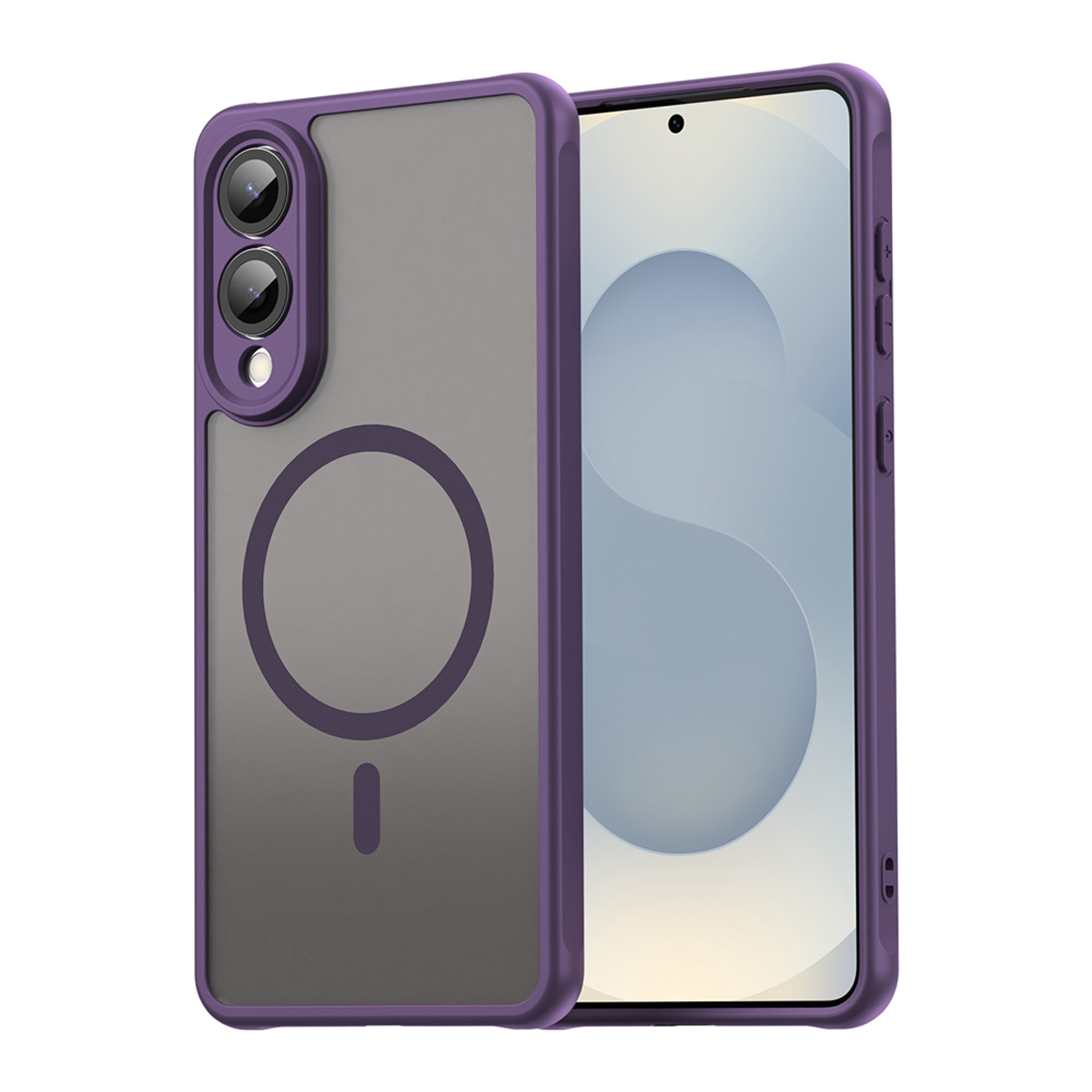 Een paarse telefoonhoes beschermt een telefoon. Het heeft een grijze achterkant met een magnetisch ringontwerp en camera-uitsparingen.