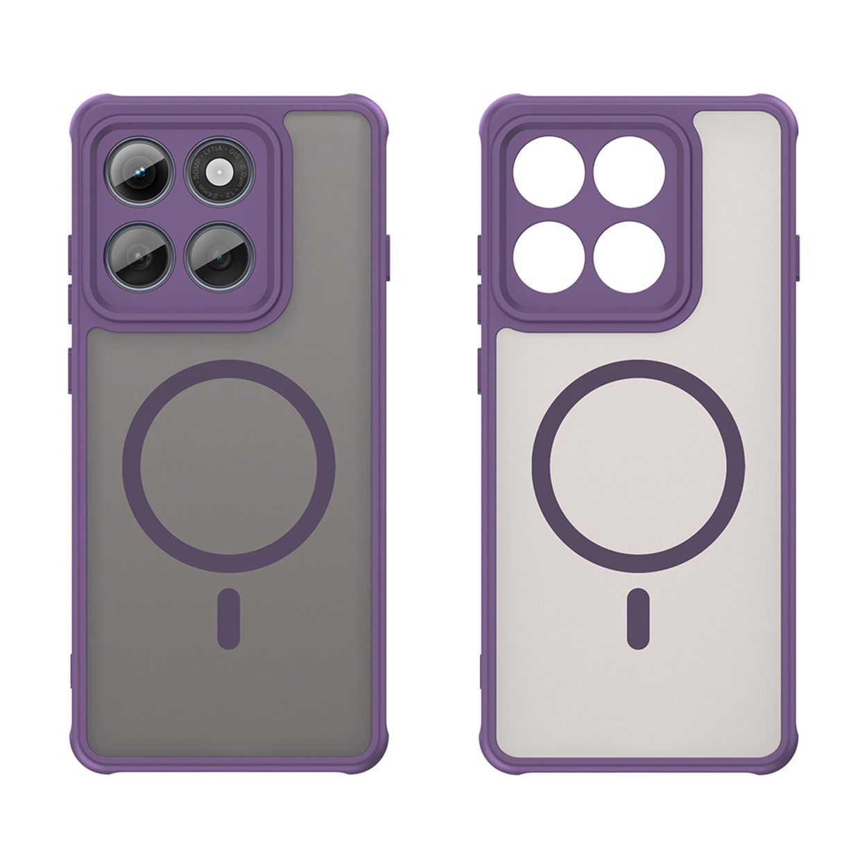 Deux coques de téléphone, une violette et grise, l'autre grise et blanche. Les deux ont un design d'anneau magnétique.
