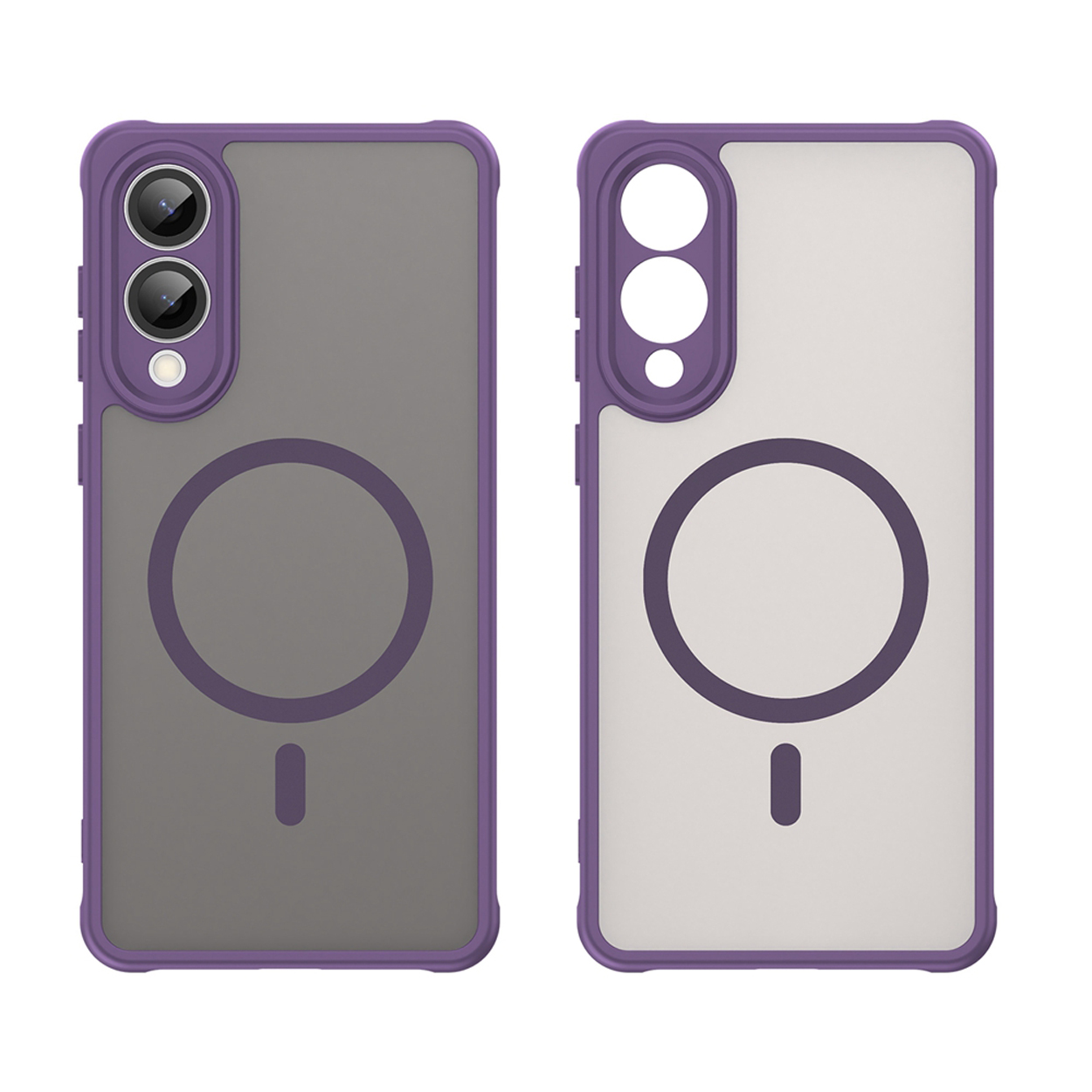 Twee paarse telefoonhoesjes, één met een telefoon erin. Tekst: 'Semi transparent frosted finish'.