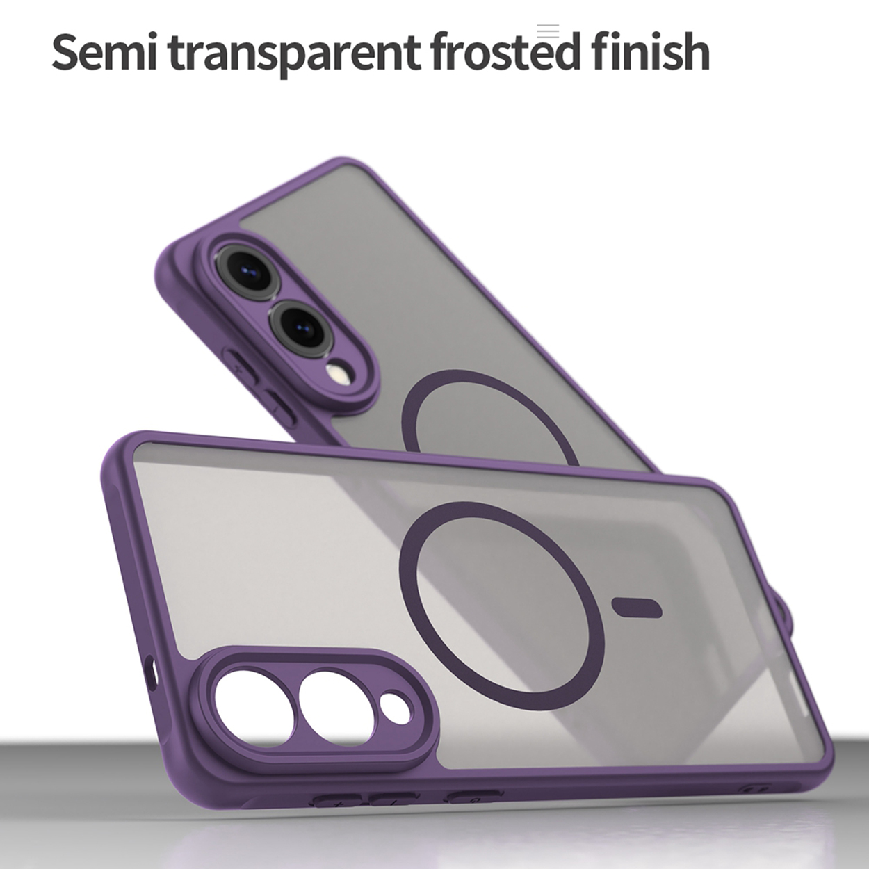 Twee paarse telefoonhoesjes met een grijze achterkant. Tekst: 'Semi transparent frosted finish'.