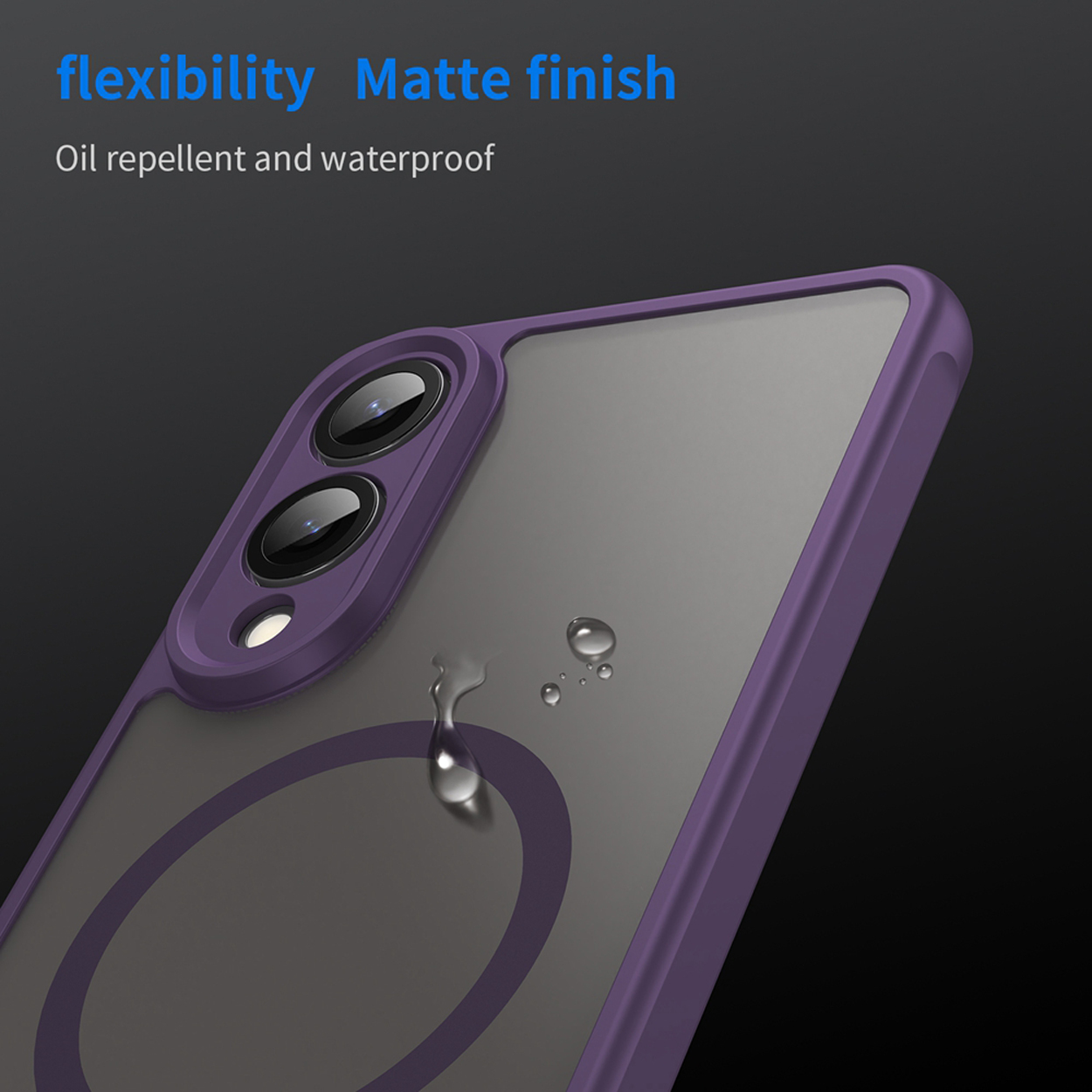 Paarse telefoonhoes met cameralenzen en grijze achterkant, met waterdruppels. Tekst: 'flexibility Matte finish'.