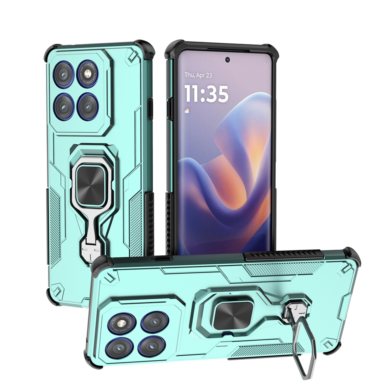 Drie turquoise telefoonhoesjes met zwarte accenten. Eén in het midden toont het telefoonscherm met een klok.