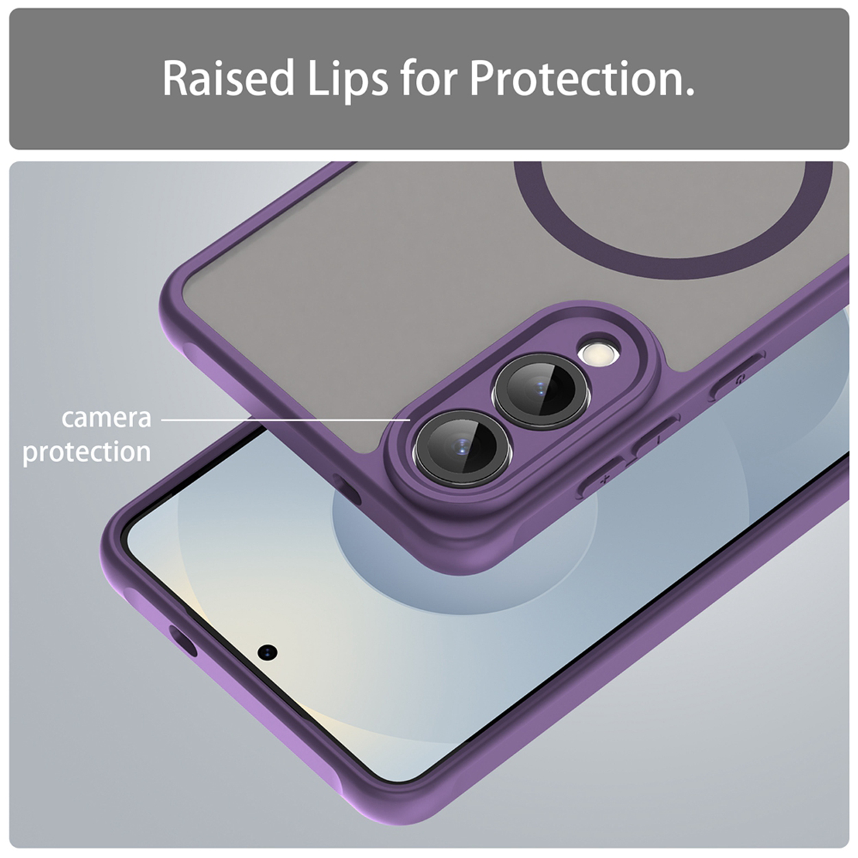 Een paarse telefoonhoes met cameralenzen en een grijze achterkant. Tekst: 'Raised Lips for Protection'.