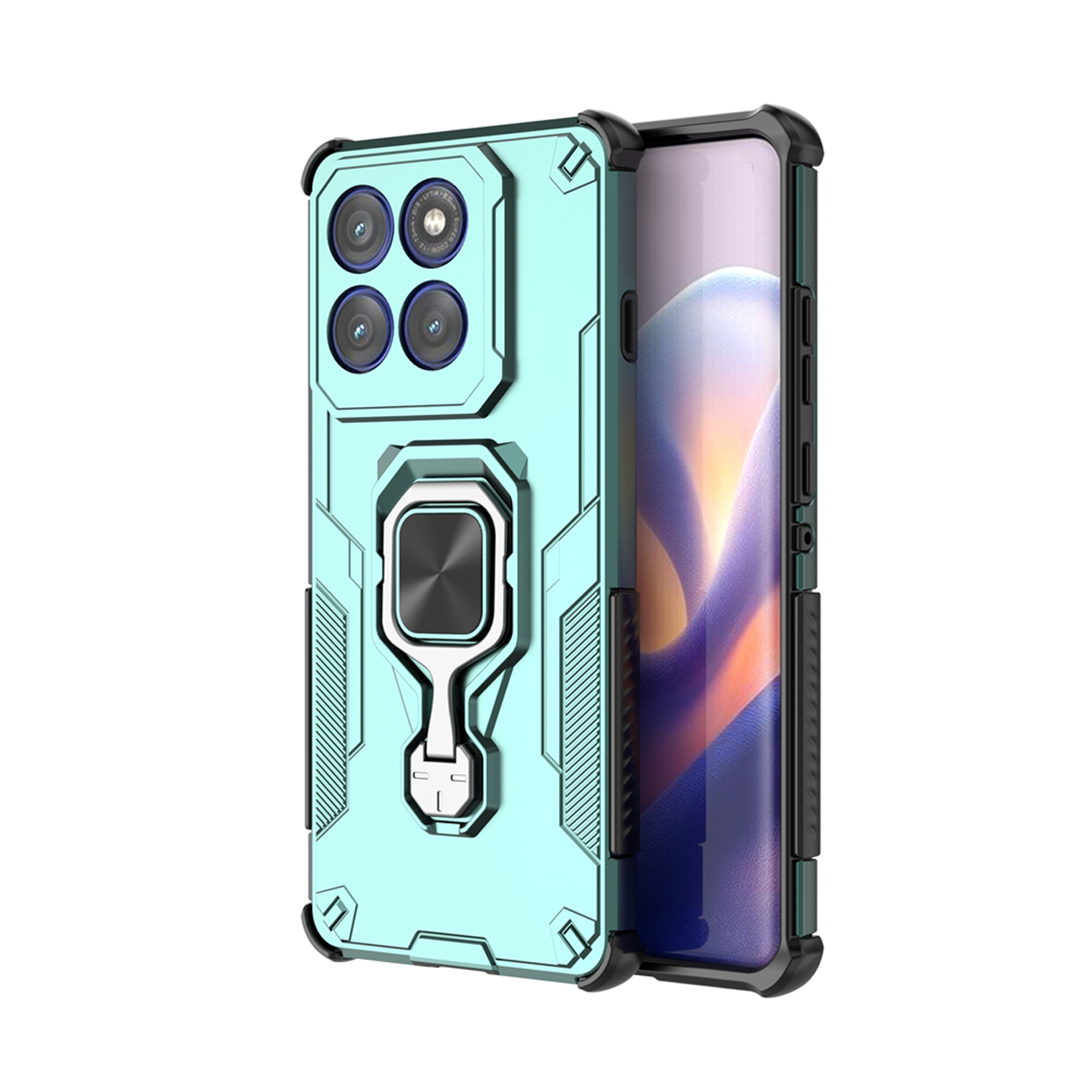 Een turquoise telefoonhoesje met zwarte accenten op een witte achtergrond. De hoes heeft een camera-uitsparing en een ringhouder.