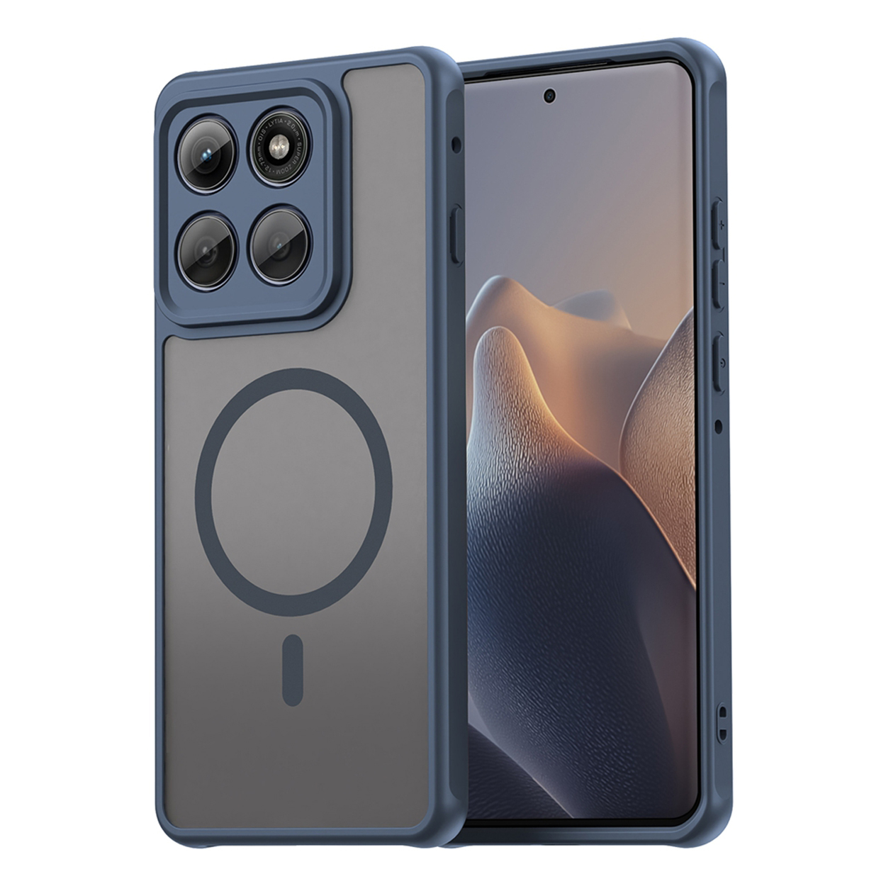 Une coque de téléphone bleue protège un téléphone. Elle a un dos gris avec un design d'anneau magnétique et des découpes pour l'appareil photo.