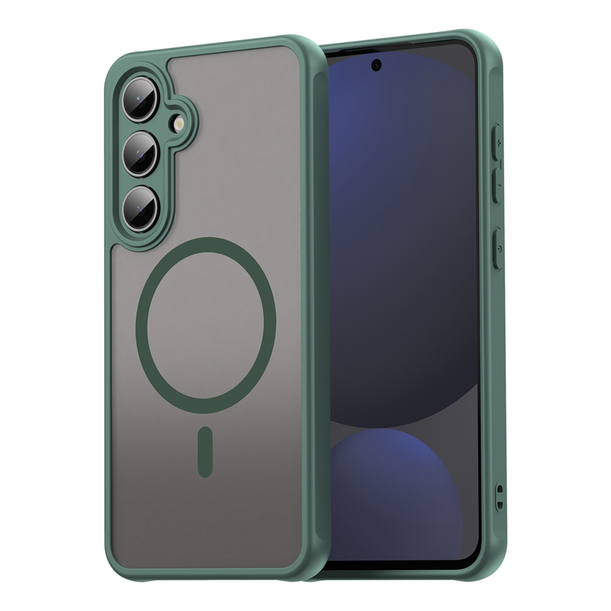 Une coque de téléphone verte protège un téléphone. Elle a un dos gris avec un design d'anneau magnétique et des découpes pour l'appareil photo.