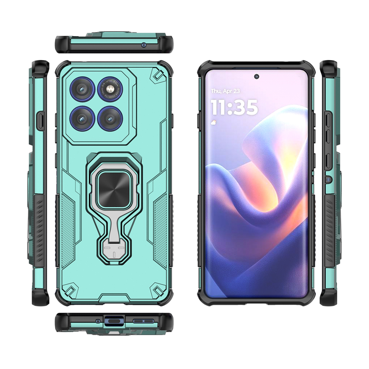 Een turquoise telefoonhoesje met zwarte accenten. De afbeelding toont de voor-, achter- en zijaanzichten van de hoes.