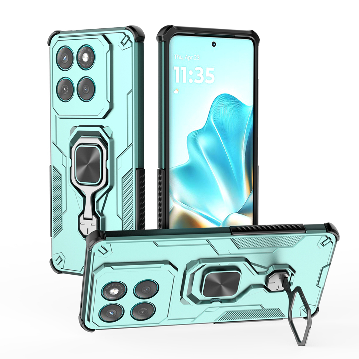Drie turquoise telefoonhoesjes met zwarte accenten. Eén ligt op een zwart oppervlak. Allemaal hebben ze een ringhouder en camera-uitsparingen.