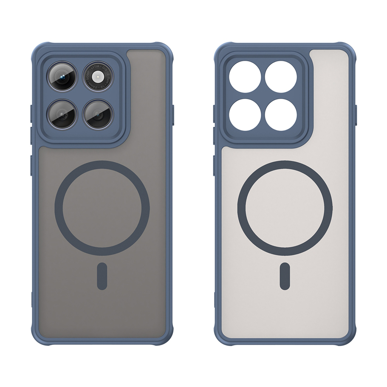 Deux coques de téléphone, une bleue et grise, l'autre grise et blanche. Les deux comportent un anneau magnétique et une découpe pour l'appareil photo.