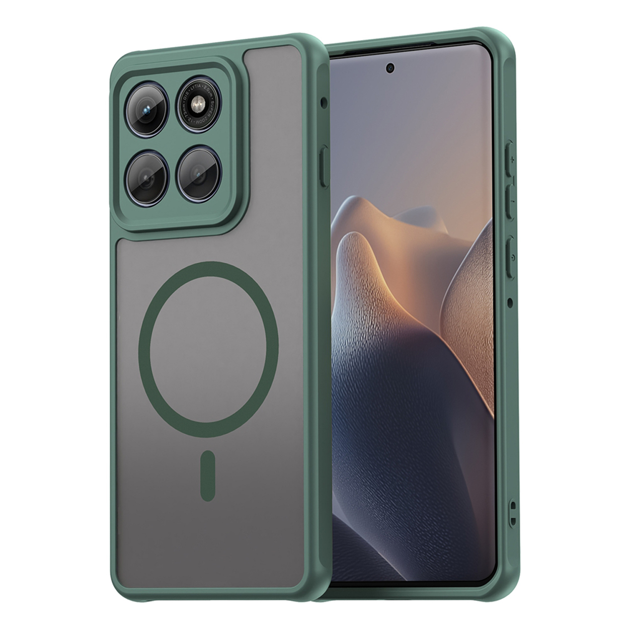 Une coque de téléphone verte protège un téléphone. Elle a un dos gris avec un design d'anneau magnétique et des découpes pour l'appareil photo.