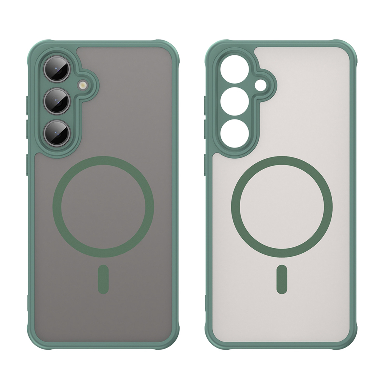 Deux coques de téléphone, une verte et grise, l'autre grise et blanche. Les deux comportent un anneau magnétique et une découpe pour l'appareil photo.