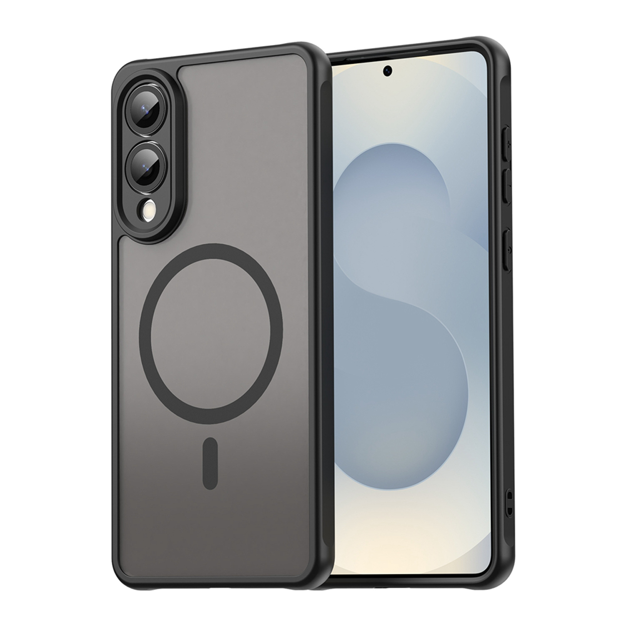 Un étui de téléphone noir avec un dos transparent et un design circulaire est montré, couvrant partiellement un téléphone.