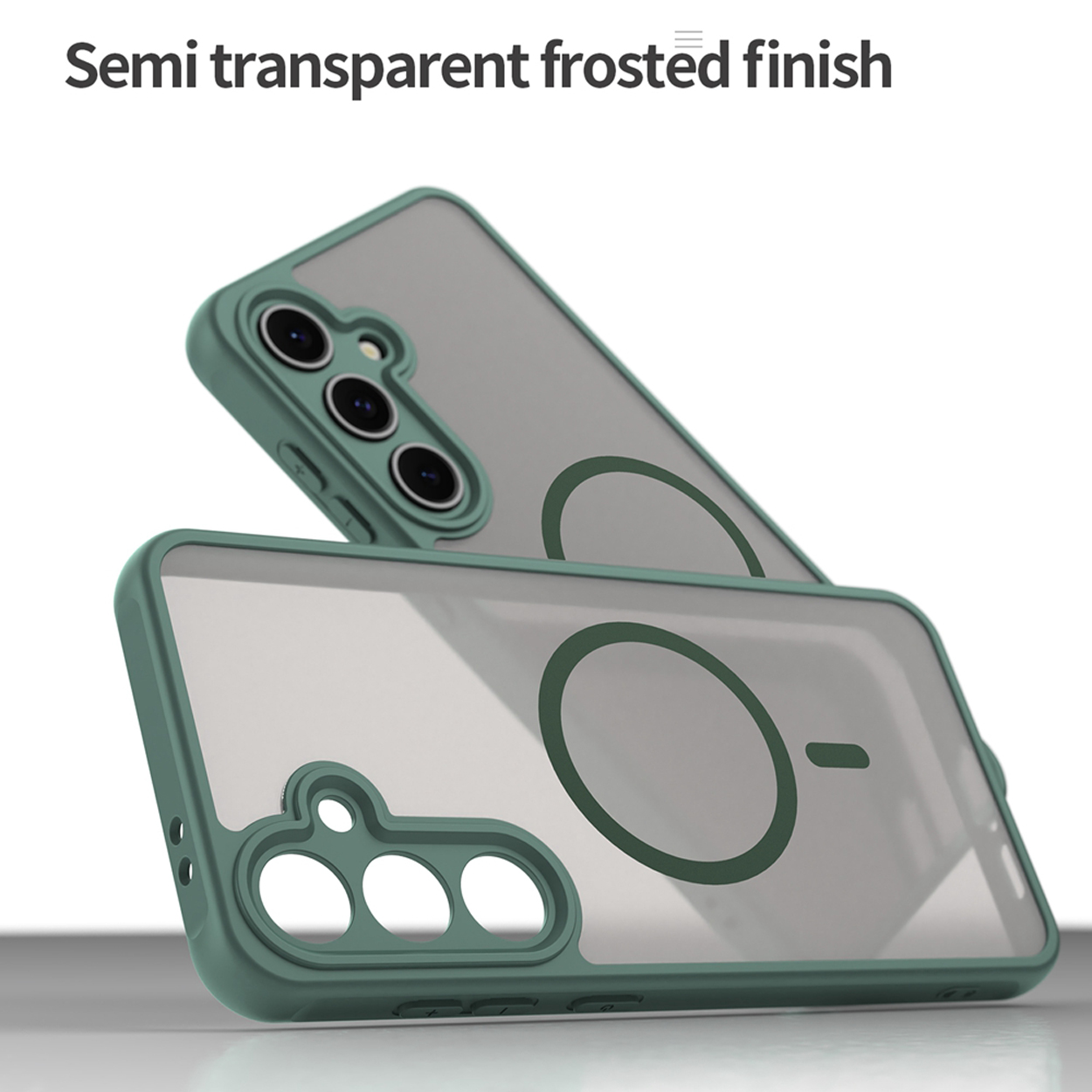Gros plan d'une coque de téléphone avec un cadre vert et un dos givré semi-transparent. Le texte dit 'Finition givrée semi-transparente'.