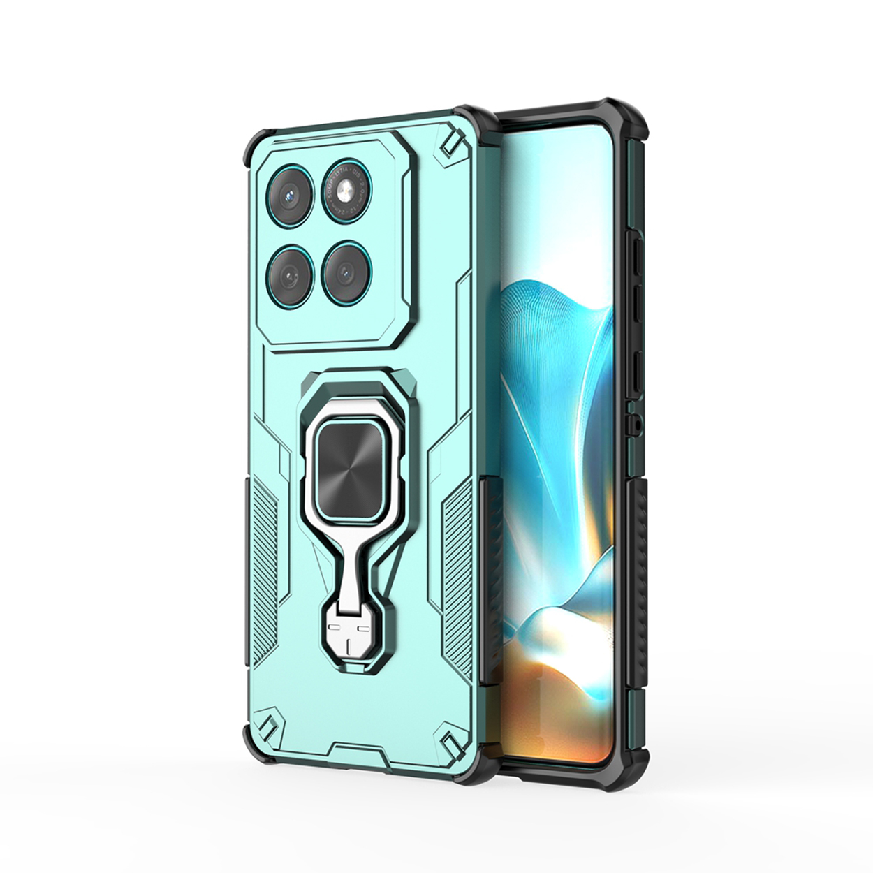 Een turquoise telefoonhoesje met een ringhouder en vier camera's is afgebeeld, dat gedeeltelijk een telefoon bedekt.