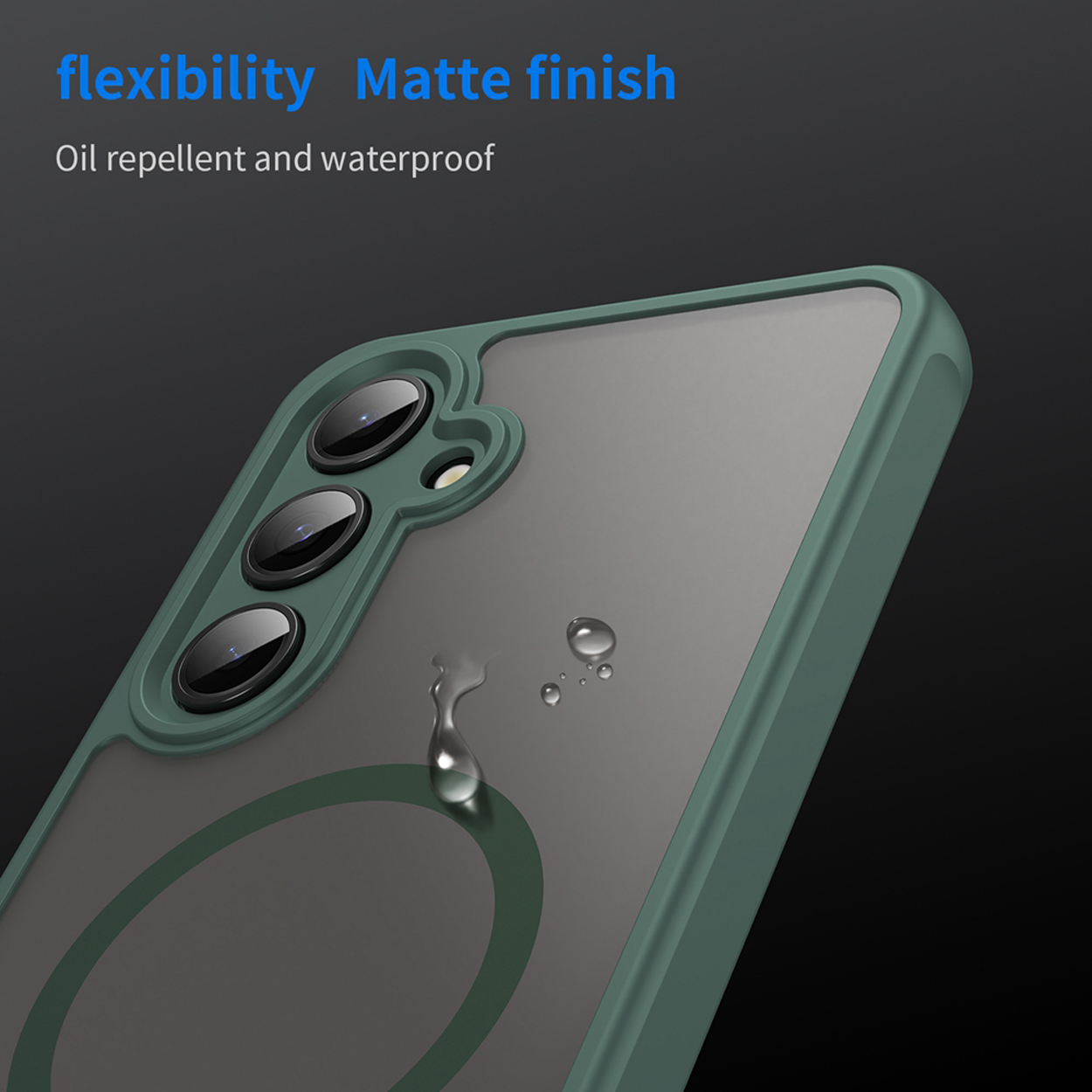 Un étui de téléphone avec un cadre vert et des gouttelettes d'eau est présenté. Le texte mentionne la flexibilité.