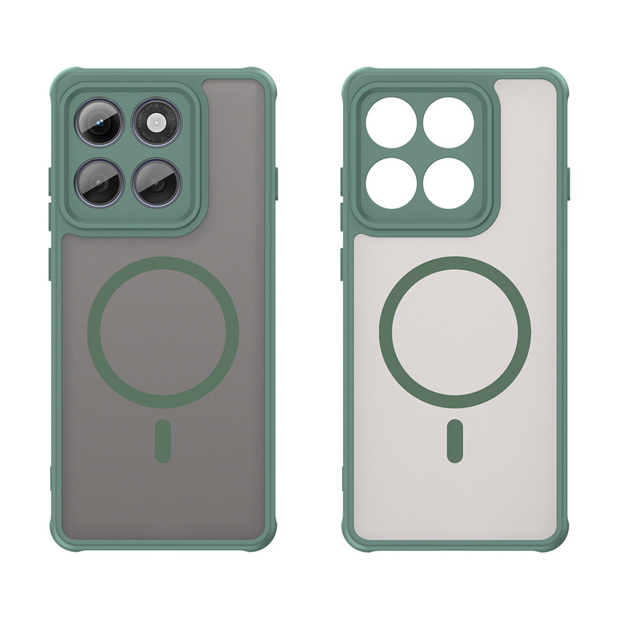 Deux étuis de téléphone avec un cadre vert et un design circulaire au dos sont présentés.