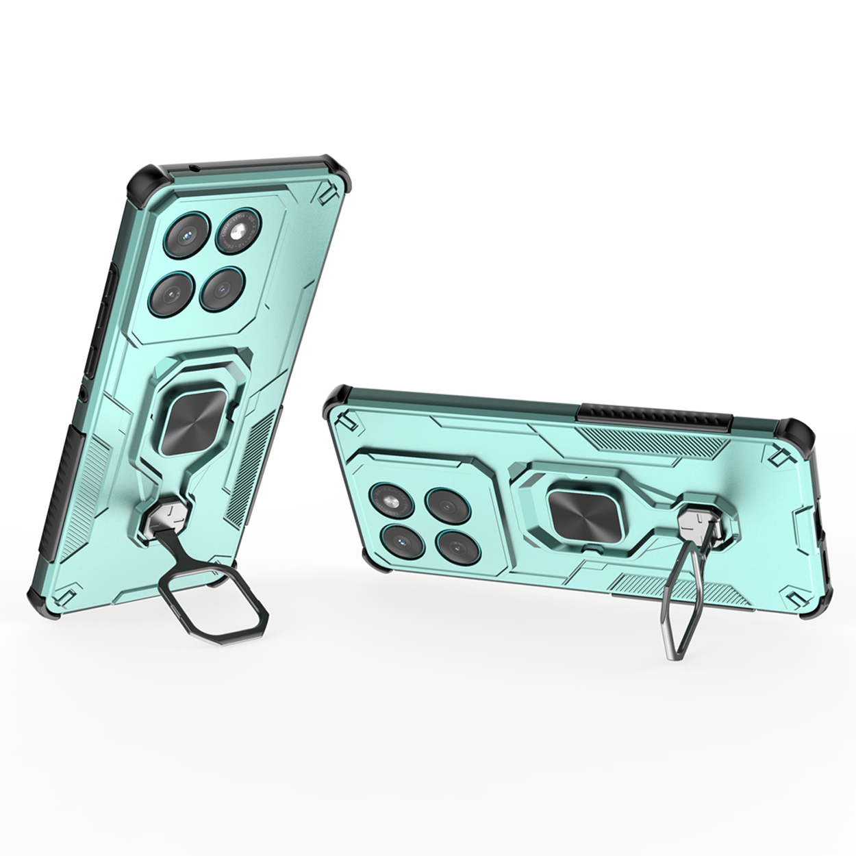 Twee turquoise telefoonhoesjes met ringhouders worden getoond, één liggend en de ander rechtop.