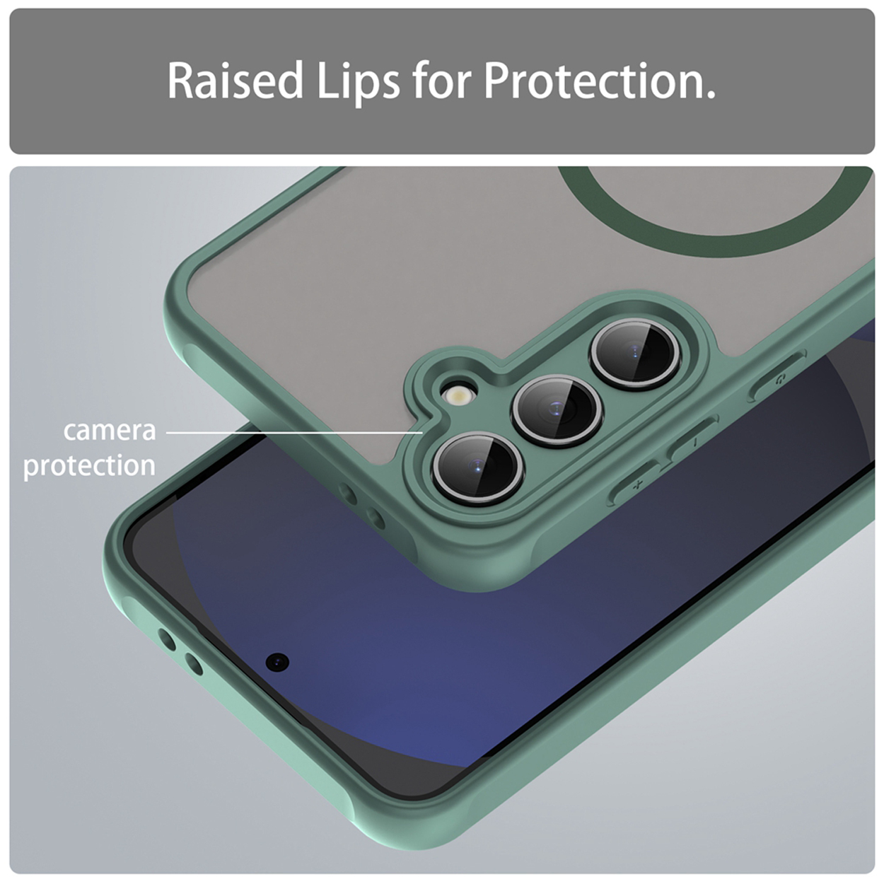 Un étui de téléphone avec protection de l'appareil photo est montré. L'étui est vert, et le téléphone est visible à l'intérieur.
