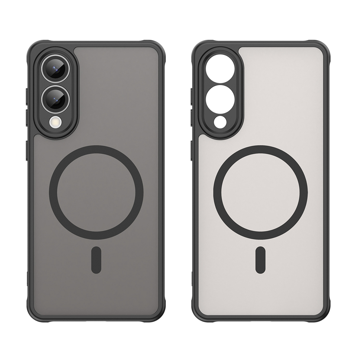 Deux coques de téléphone, une noire et une blanche, avec un design magnétique circulaire.