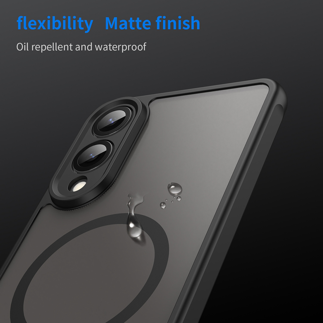 Un étui de téléphone avec une finition mate et des gouttelettes d'eau est présenté. Le texte mentionne la flexibilité.