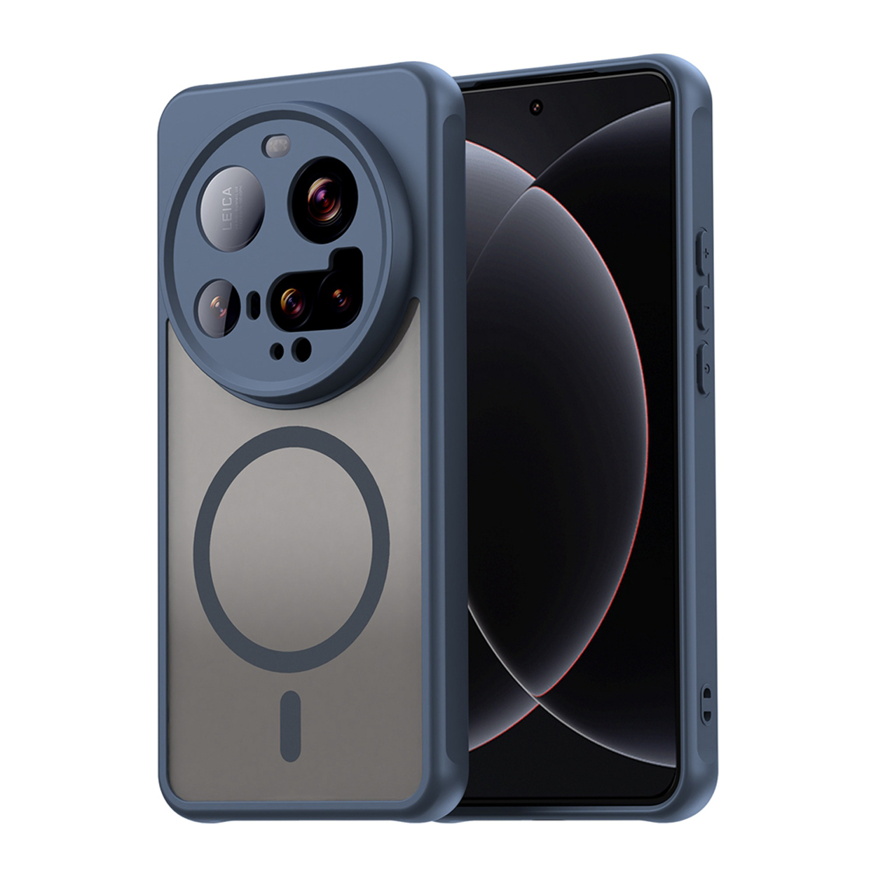 Een blauw telefoonhoesje en een telefoon. De hoes bedekt de achterkant en zijkant van de telefoon. Met magnetische cirkel en Leica.