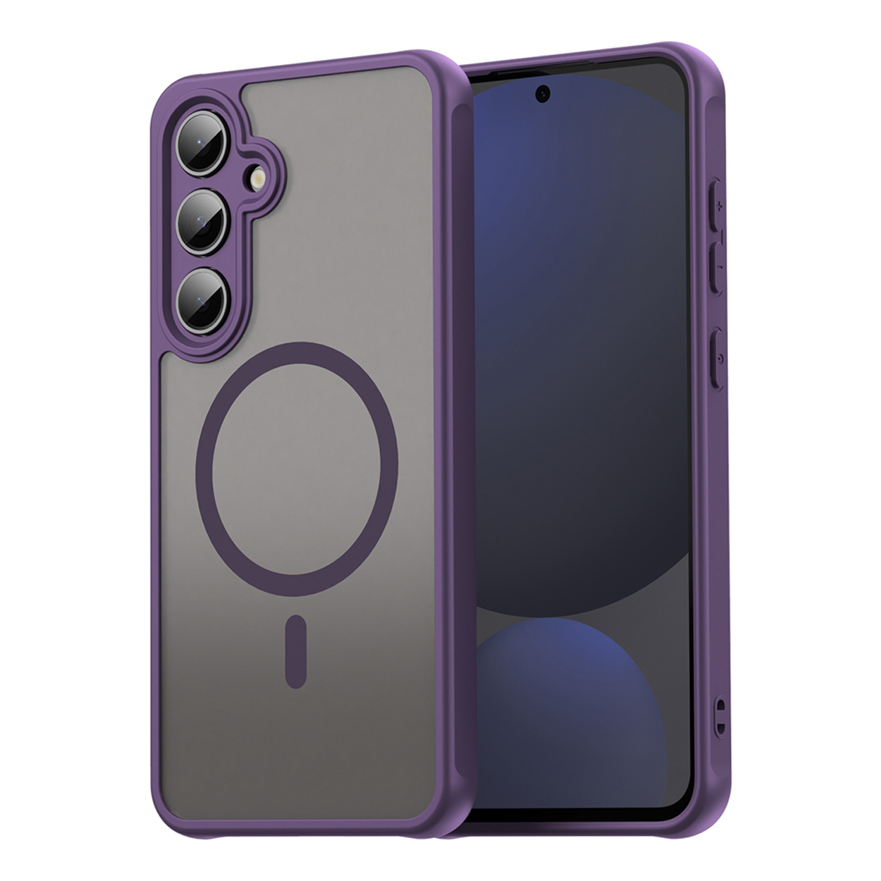 Un étui de téléphone violet avec un dos transparent est montré, couvrant partiellement un téléphone. L'étui a un design circulaire.